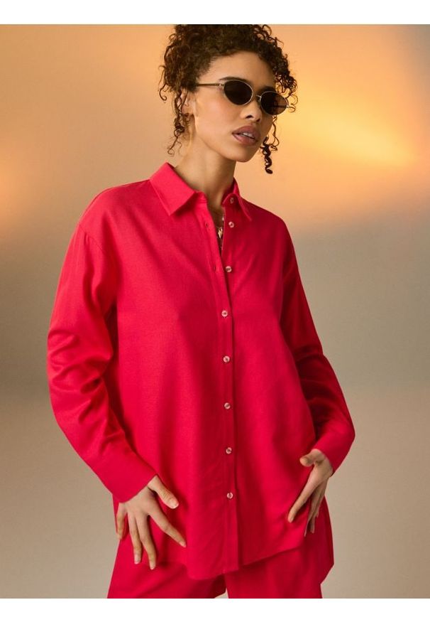 Sinsay - Koszula oversize z domieszką lnu - różowy. Kolor: różowy. Materiał: len