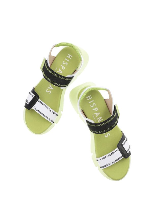 Zielone Sandały Hispanitas Wygodne Obuwie Damskie. Okazja: na co dzień. Zapięcie: rzepy. Kolor: zielony. Materiał: skóra, materiał. Wzór: paski. Styl: casual