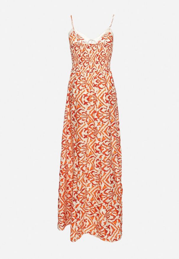 Born2be - Pomarańczowa Bawełniana Sukienka na Cienkich Ramiączkach Zdobiona Haftem z Gumką w Pasie Vikalia. Okazja: na co dzień, na randkę. Kolor: pomarańczowy. Materiał: bawełna. Długość rękawa: na ramiączkach. Wzór: haft, aplikacja. Sezon: lato. Typ sukienki: proste. Styl: casual, klasyczny, elegancki