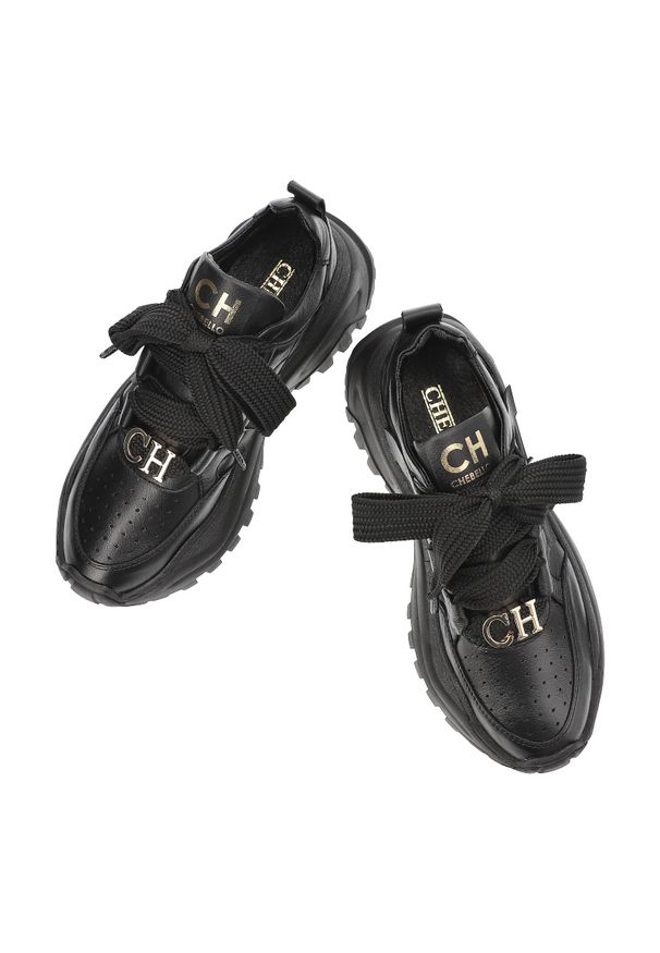 CheBello - Czarne Sneakersy Chebello Stylowe Buty Damskie Ze Skóry Naturalnej. Okazja: na co dzień. Kolor: czarny. Materiał: skóra. Styl: elegancki