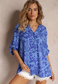 Renee - Granatowa Koszulowa Bluzka z Trójkątnym Dekoltem na Guziki Minka. Kolor: niebieski #5