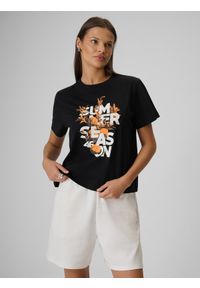 4f - 4F T-shirt boxy z nadrukiem damski - czarny S. Okazja: na co dzień. Kolor: czarny. Materiał: dzianina, materiał, bawełna. Wzór: nadruk. Styl: casual #1