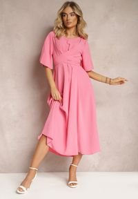 Renee - Różowa Rozkloszowana Sukienka Maxi z Szerokim Rękawem i Gumką w Pasie Sador. Kolor: różowy. Długość: maxi #4