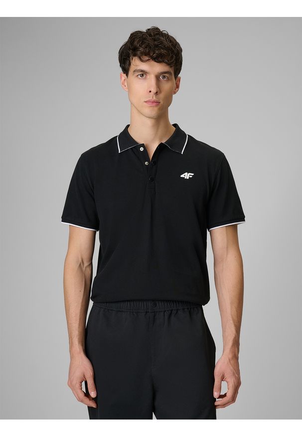 4f - 4F Koszulka polo regular męska - czarna S. Okazja: na co dzień, do pracy, na spacer. Typ kołnierza: polo. Kolor: czarny. Materiał: dzianina, skóra, materiał. Styl: casual, klasyczny