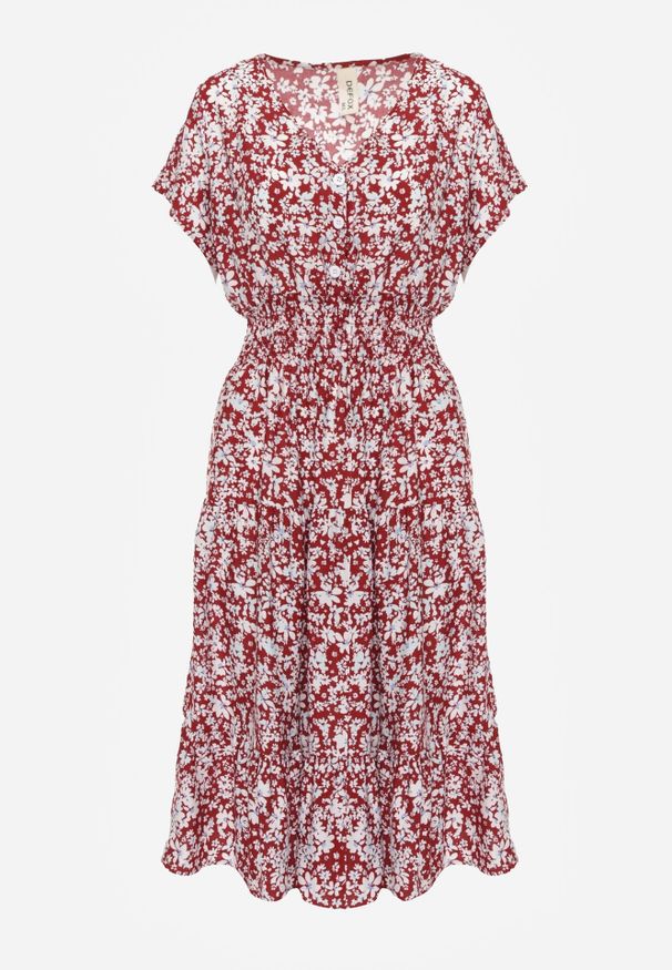 Born2be - Czerwona Bawełniana Sukienka w Kwiatki z Gumką w Talii i Guzikami Ronalika. Okazja: na co dzień. Typ kołnierza: dekolt w serek. Kolor: czerwony. Materiał: bawełna. Wzór: kwiaty. Typ sukienki: rozkloszowane. Styl: casual, elegancki, klasyczny