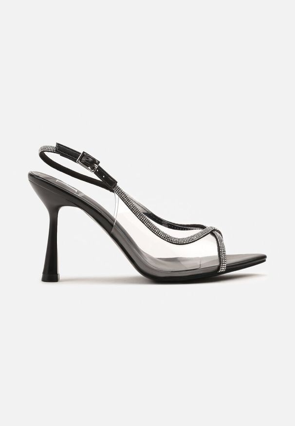 Renee - Czarne Transparentne Sandały Slingback z Cyrkoniami na Klepsydrze Lilloti. Okazja: na co dzień, na randkę, na spotkanie biznesowe. Kolor: czarny. Obcas: na obcasie. Styl: elegancki, biznesowy, wizytowy, casual. Wysokość obcasa: średni