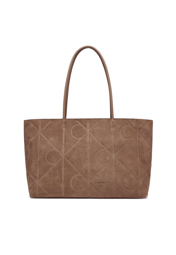 Calvin Klein Torebka Emblem Aop Embossed Suede Tote LV04F3334G Beżowy. Kolor: beżowy. Materiał: skórzane, zamszowe