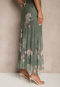 Renee - Ciemnozielona Spódnica w Kwiatowy Wzór o Rozkloszowanym Kroju Efrirene. Okazja: na co dzień. Kolor: zielony. Wzór: kwiaty. Styl: elegancki, casual