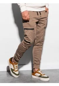 Ombre Clothing - Spodnie męskie dresowe joggery P917 - brązowe - XL. Kolor: brązowy. Materiał: dresówka. Wzór: gładki #1