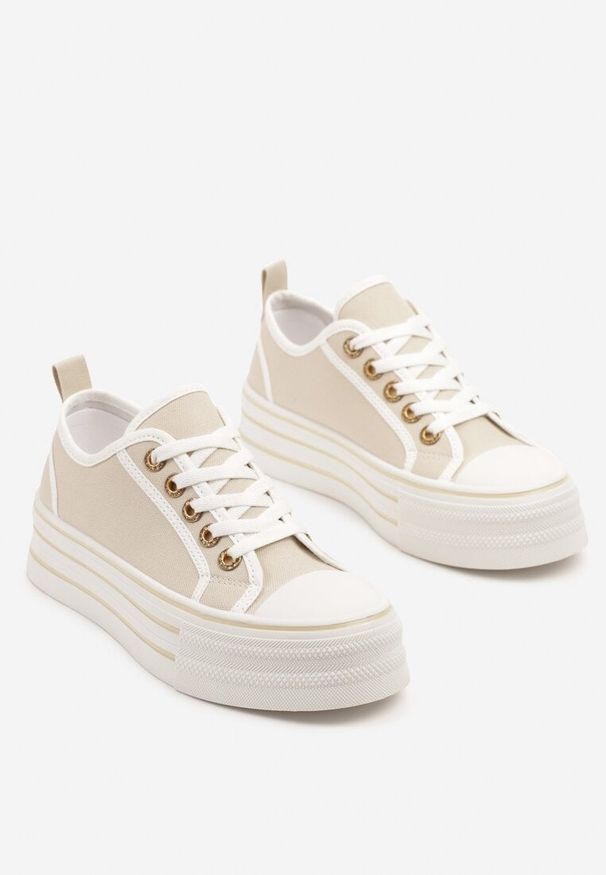 Born2be - Beżowe Trampki na Platformie Lurimera. Okazja: na co dzień. Kolor: beżowy. Materiał: jeans. Obcas: na platformie. Styl: elegancki, casual