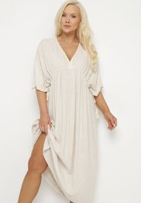 Born2be - Beżowa Wiskozowa Sukienka z Lnem o Nietoperzowym Kroju z Wiązaniem Tolureia. Okazja: na co dzień. Typ kołnierza: dekolt w serek. Kolor: beżowy. Materiał: len, wiskoza. Styl: casual, elegancki #5