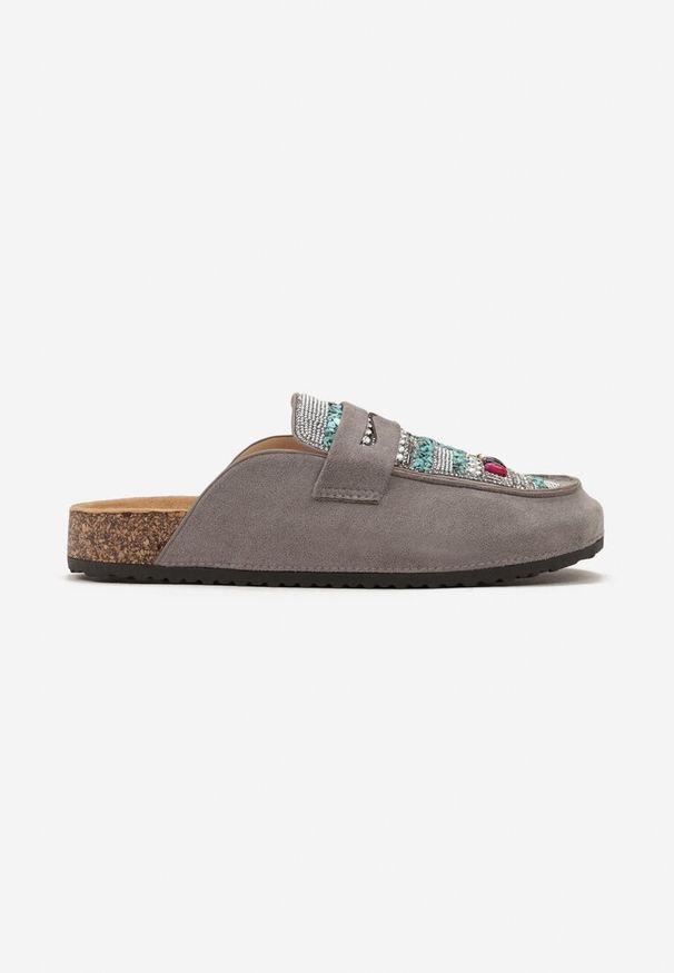 Renee - Szare Klapki Mule z Koralikami na Zakrytym Nosku Aserhia. Kolor: szary. Wzór: aplikacja, kolorowy. Styl: boho