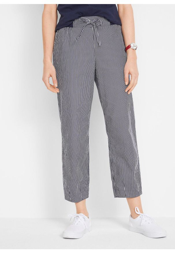 bonprix - Spodnie z materiału z lnem, dł. 7/8. Stan: podwyższony. Kolor: niebieski. Materiał: len, materiał