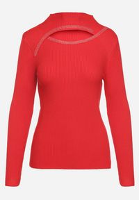 Born2be - Czerwony Prążkowany Golf z Wycięciem Przy Dekolcie z Cyrkoniami Wokół Merithias. Okazja: na co dzień. Typ kołnierza: golf. Kolor: czerwony. Materiał: prążkowany. Wzór: aplikacja. Sezon: zima, jesień. Styl: casual, elegancki #5