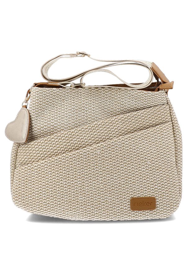 Torebka damska Rieker, z tekstylnego materiału o wyraźnej plecionej strukturze z regulowanym paskiem na ramię ozdobną zawieszką praktyczną kieszenią. Kolor: beżowy. Sezon: wiosna, lato. Styl: casual, elegancki. Rodzaj torebki: na ramię