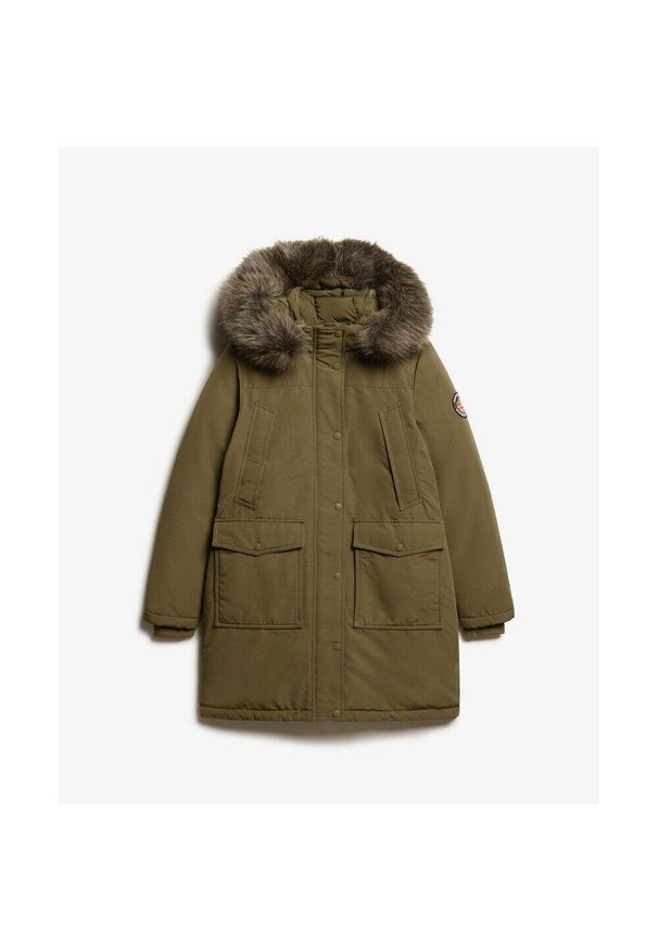 Parka z sztucznego futra damska Superdry Everest. Kolor: zielony. Materiał: futro. Długość rękawa: długi rękaw