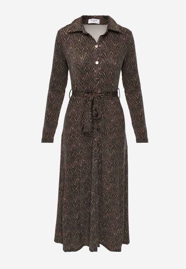 Renee - Brązowa Koszulowa Sukienka Midi z Wiązanym Paskiem Xudilla. Kolor: brązowy. Materiał: materiał. Typ sukienki: koszulowe. Długość: midi