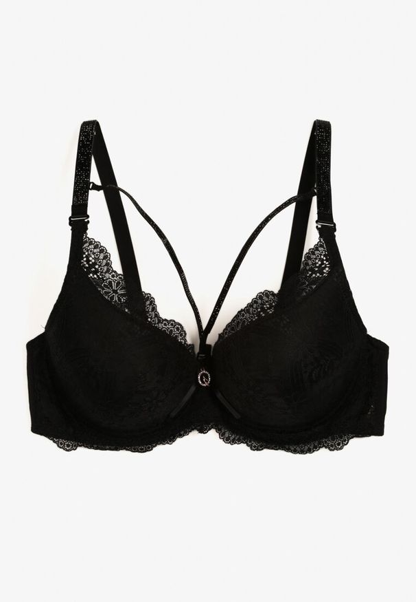 Born2be - Czarny Koronkowy Biustonosz na Regulowanych Ramiączkach Przyozdobionych Cyrkoniami Doricella. Kolor: czarny. Materiał: koronka. Wzór: aplikacja