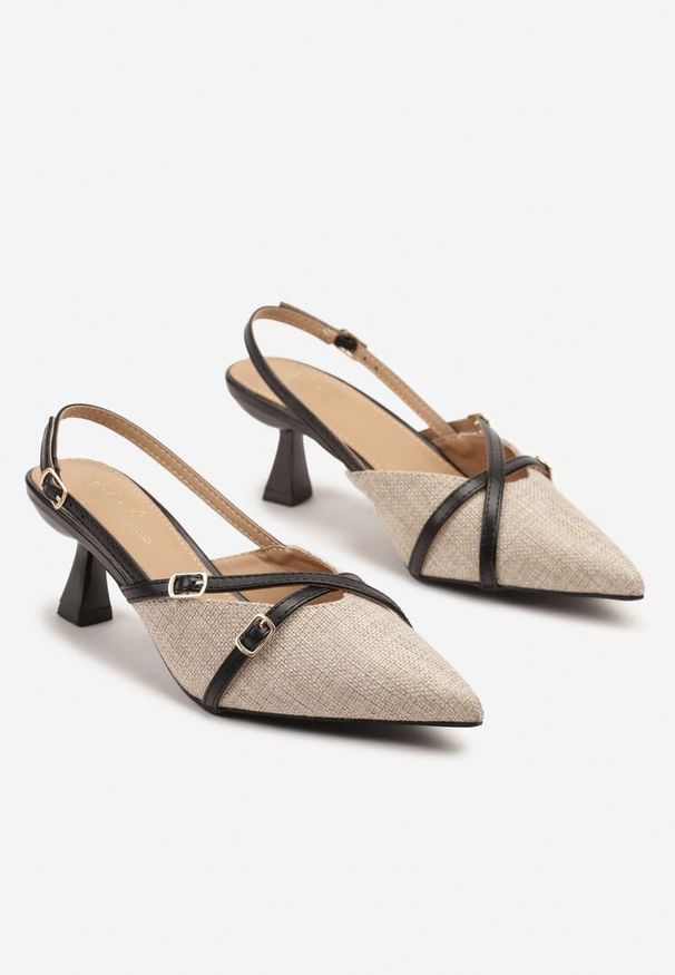 Born2be - Beżowo-Czarne Sandały Czółenka Slingback na Obcasie Kaczuszka z Paskami z Klamerkami Arivella. Okazja: na co dzień, na spotkanie biznesowe, do pracy. Zapięcie: pasek. Kolor: beżowy. Obcas: na obcasie. Styl: biznesowy, klasyczny, elegancki, casual. Wysokość obcasa: średni