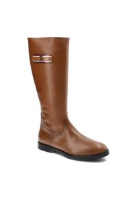 TOMMY HILFIGER - Brązowe Kozaki Damskie Tommy Hilfiger Eleganckie Skórzane Buty. Kolor: brązowy. Materiał: skóra. Szerokość cholewki: normalna. Wzór: gładki. Obcas: na obcasie. Styl: elegancki. Wysokość obcasa: niski