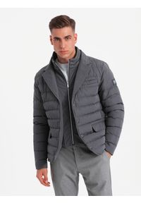 Ombre Clothing - Pikowana kurtka męska o kroju marynarki – grafitowa V2 - Rozmiar: M. Kolor: szary. Materiał: guma, syntetyk, poliester, materiał. Wzór: aplikacja. Styl: klasyczny, elegancki