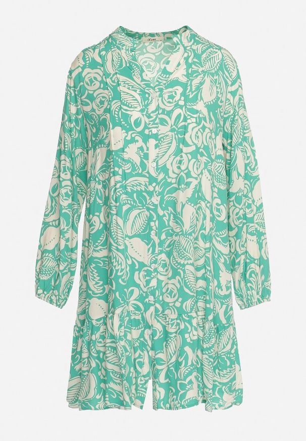 Born2be - Zielona Koszulowa Sukienka Mini o Rozkloszowanym Fasonie z Kwiatowym Motywem Hexama. Typ kołnierza: kołnierzyk stójkowy. Kolor: zielony. Długość rękawa: długi rękaw. Wzór: kwiaty. Sezon: wiosna, lato. Typ sukienki: koszulowe. Długość: mini