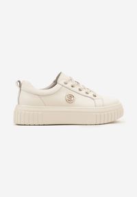 Born2be - Beżowe Skórzane Sneakersy na Grubej Podeszwie z Metaliczną Aplikacją Dolarisa. Okazja: na co dzień. Kolor: beżowy. Materiał: skóra. Wzór: aplikacja #4