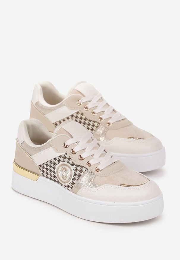 Renee - Beżowe Sznurowane Sneakersy na Grubej Podeszwie z Ozdobną Wstawką Minsa. Kolor: beżowy