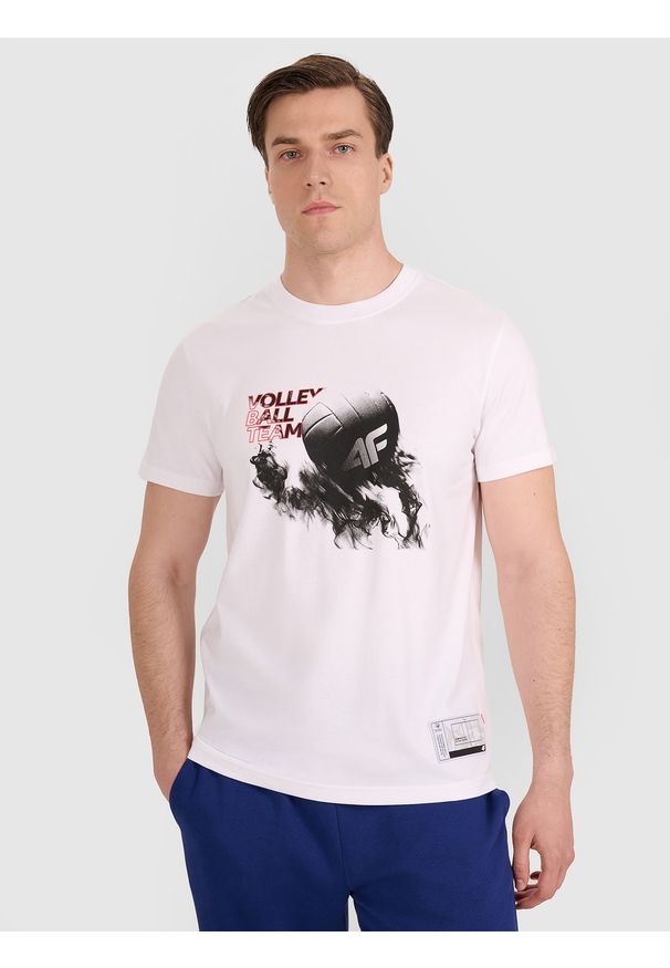 4f - 4F T-shirt regular z nadrukiem siatkarskim męski - biały M. Okazja: na co dzień, do domu. Kolor: biały. Materiał: bawełna, jersey, materiał. Wzór: nadruk. Styl: sportowy, klasyczny, casual