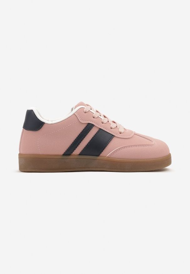 Born2be - Różowe Sneakersy Tenisówki z Geometrycznymi Paskami Amolita. Okazja: na co dzień. Zapięcie: pasek. Kolor: różowy. Materiał: jeans. Wzór: geometria