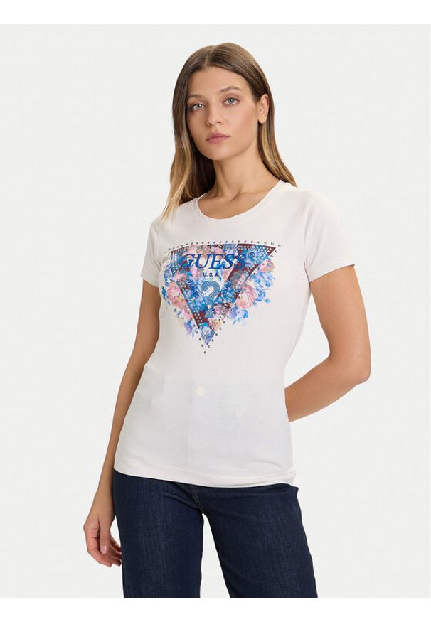 Guess T-Shirt W5BI29 J1314 Écru Slim Fit. Kolor: kremowy. Materiał: bawełna