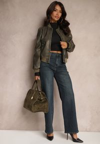 Renee - Granatowe Jeansy o Szerokim Kroju z Bawełną High Waist Vitira. Okazja: na co dzień. Stan: podwyższony. Kolor: niebieski. Styl: casual, elegancki