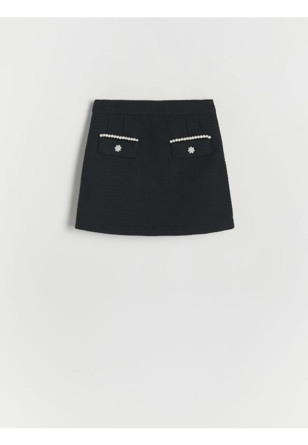 Reserved - Tweedowa spódnica z aplikacją - czarny. Kolor: czarny. Materiał: tkanina. Wzór: aplikacja