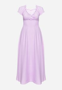 Born2be - Fioletowa Wiskozowa Sukienka z Gumką w Pasie i Trójkątnym Dekoltem Quneri. Okazja: na randkę, na spacer, na imprezę. Kolor: fioletowy. Materiał: wiskoza. Typ sukienki: sportowe. Styl: elegancki, sportowy #2