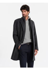 Ombre Clothing - Długi rozpinany męski płaszcz z wełną – grafitowy V2. Kolor: szary. Materiał: wełna. Długość: długie. Sezon: zima. Styl: elegancki #3