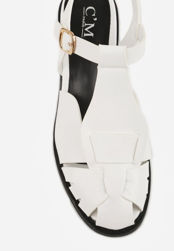 Renee - Białe Sandały na Słupku Ozdobione Wycięciami Rharlan. Zapięcie: sprzączka. Kolor: biały. Wzór: aplikacja. Sezon: lato. Obcas: na słupku. Styl: elegancki. Wysokość obcasa: średni