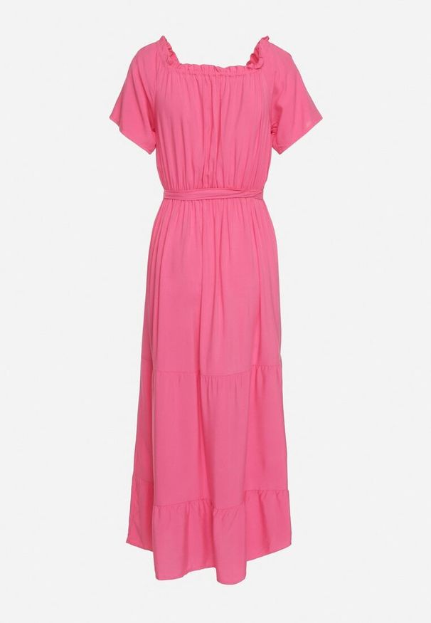 Born2be - Ciemnoróżowa Sukienka z Wiskozy Telephanassa. Typ kołnierza: dekolt hiszpanka. Kolor: różowy. Materiał: wiskoza. Długość rękawa: krótki rękaw. Wzór: gładki. Typ sukienki: rozkloszowane. Długość: maxi