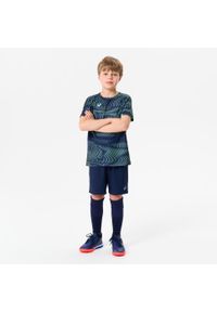 KIPSTA - Koszulka piłkarska dla dzieci Kipsta Club Wavy. Kolor: zielony, niebieski, wielokolorowy. Materiał: tkanina, poliester, materiał. Sezon: lato. Sport: piłka nożna