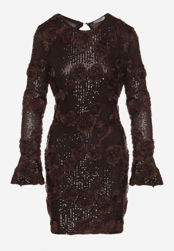 Born2be - Brązowa Cekinowa Sukienka z Kwiatami 3D Naweda. Okazja: na spotkanie biznesowe. Kolor: brązowy. Materiał: poliester, jeans. Wzór: kwiaty. Styl: biznesowy