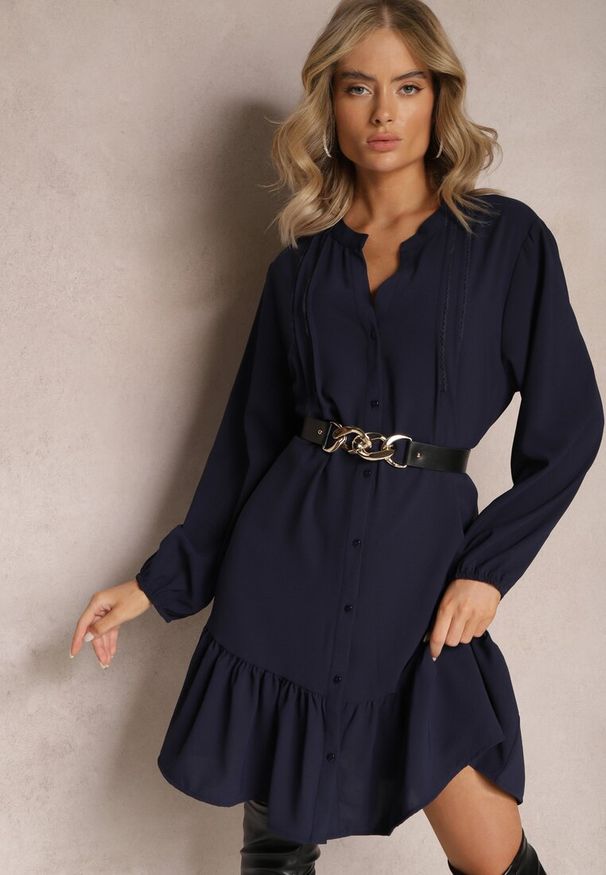 Renee - Granatowa Koszulowa Sukienka Mini Galdra. Kolor: niebieski. Wzór: aplikacja. Typ sukienki: koszulowe. Długość: mini