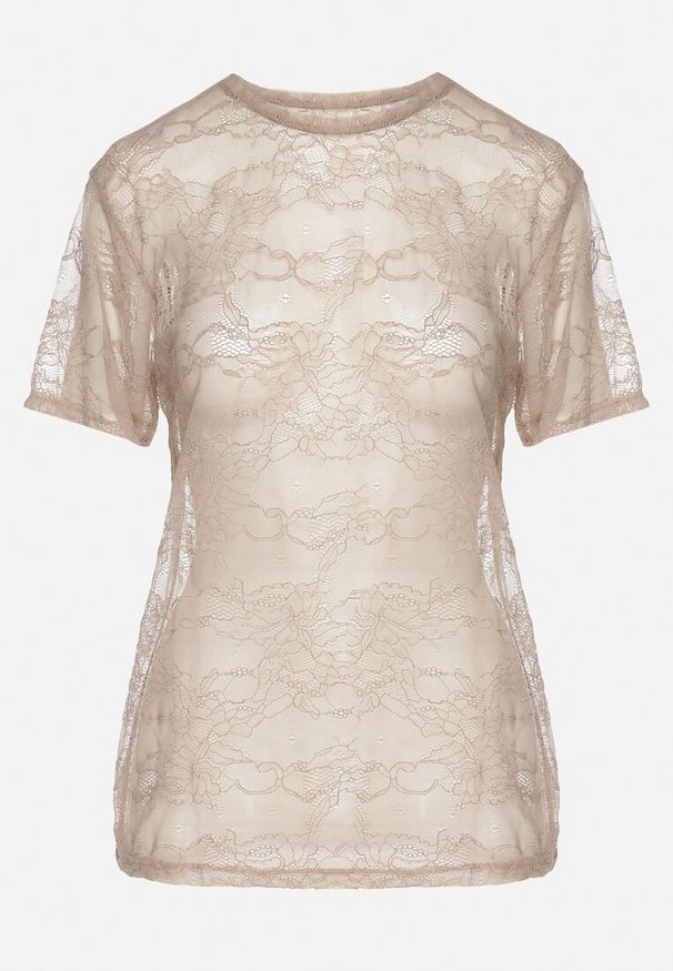 Born2be - Beżowa Koronkowa Bluzka Prześwitująca z Wiskozą Liosaine. Okazja: na co dzień, na spotkanie biznesowe. Kolor: beżowy. Materiał: wiskoza, koronka. Styl: biznesowy, casual