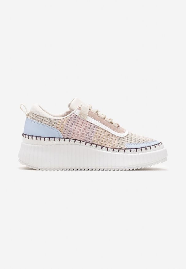 Renee - Beżowo-Niebieskie Sznurowane Sneakersy na Grubej Podeszwie do Kostki Pasapia. Nosek buta: okrągły. Zapięcie: sznurówki. Kolor: beżowy. Materiał: materiał. Obcas: na obcasie. Wysokość obcasa: niski