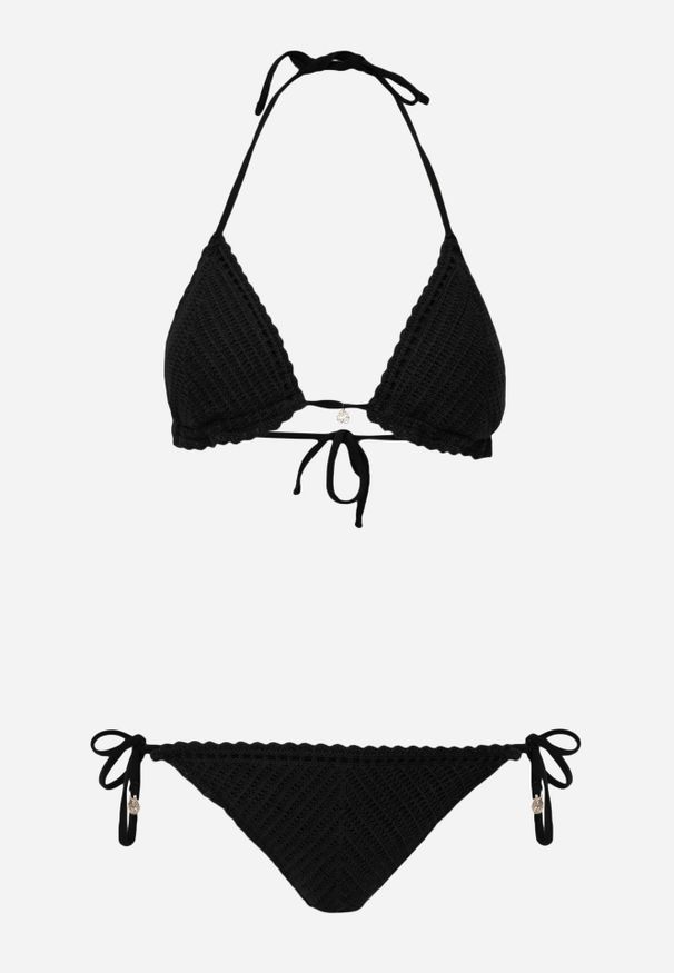 Renee - Czarne Dwuczęściowe Bikini z Szydełkową Fakturą Wiązane na Szyi z Metalicznymi Ozdobami Murilora. Kolekcja: plus size. Kolor: czarny. Wzór: aplikacja