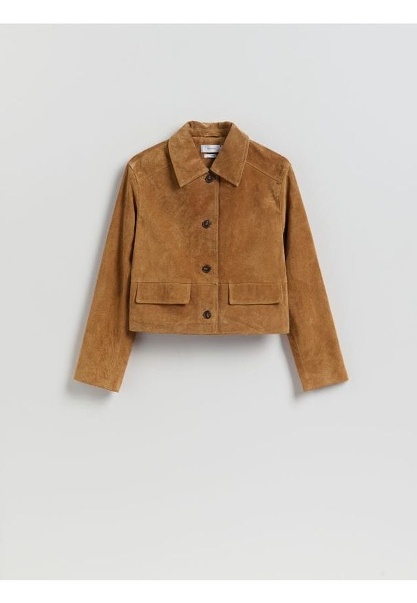 Reserved - Skórzana marynarka - bursztynowy. Kolor: pomarańczowy. Materiał: skóra. Długość: krótkie