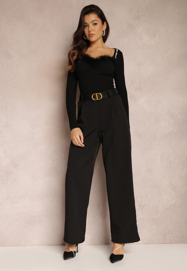 Renee - Czarne Spodnie Szerokie High Waist Gaye. Okazja: na co dzień. Stan: podwyższony. Kolor: czarny. Materiał: tkanina. Styl: casual