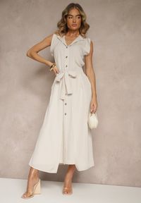 Renee - Beżowa Sukienka z Paskiem Koszulowa o Rozkloszowanym Fasonie Mavoselle. Okazja: na co dzień. Kolor: beżowy. Materiał: jeans. Typ sukienki: koszulowe. Styl: casual, elegancki