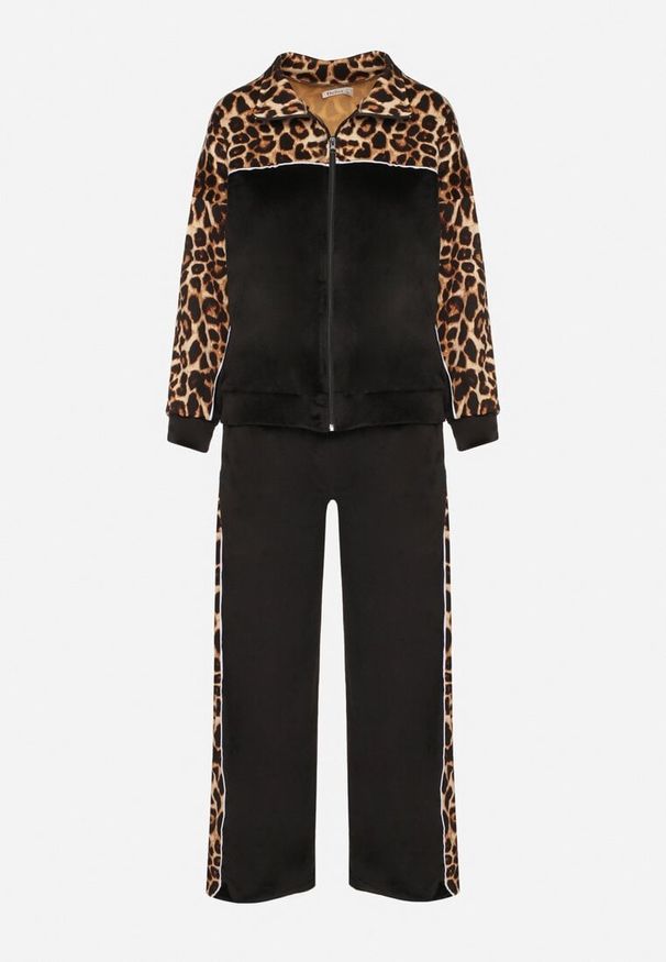 Born2be - Czarny Komplet Dresowy Welurowy Szerokie Spodnie i Bluza w Panterkę Aznelie. Kolor: czarny. Materiał: welur, dresówka. Wzór: motyw zwierzęcy. Sport: turystyka piesza