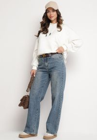 Born2be - Niebieskie Bawełniane Jeansy z Szerokimi Nogawkami i Dodatkowym Paskiem Attecia. Okazja: na co dzień. Stan: podwyższony. Kolor: niebieski. Styl: elegancki, retro, casual #5
