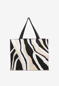 Born2be - Beżowa Torebka Shopper z Suwakiem w Abstrakcyjny Print Salidrea. Kolor: beżowy. Wzór: nadruk. Styl: klasyczny, elegancki