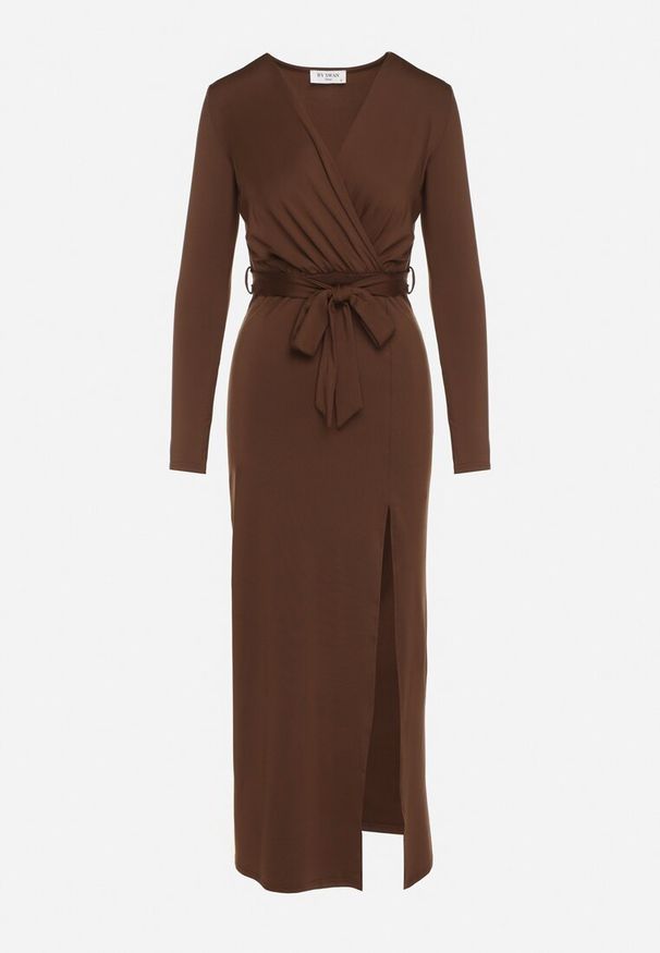 Born2be - Brązowa Sukienka Kopertowa z Wiskozą Zdobiona Rozcięciem i Wiązanym Paskiem Teslea. Okazja: na co dzień. Kolor: brązowy. Materiał: wiskoza. Wzór: aplikacja. Typ sukienki: kopertowe. Styl: klasyczny, casual, elegancki